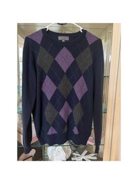 Men's Daniel Bishop Navy Purple Argyle Crewneck Sweater M